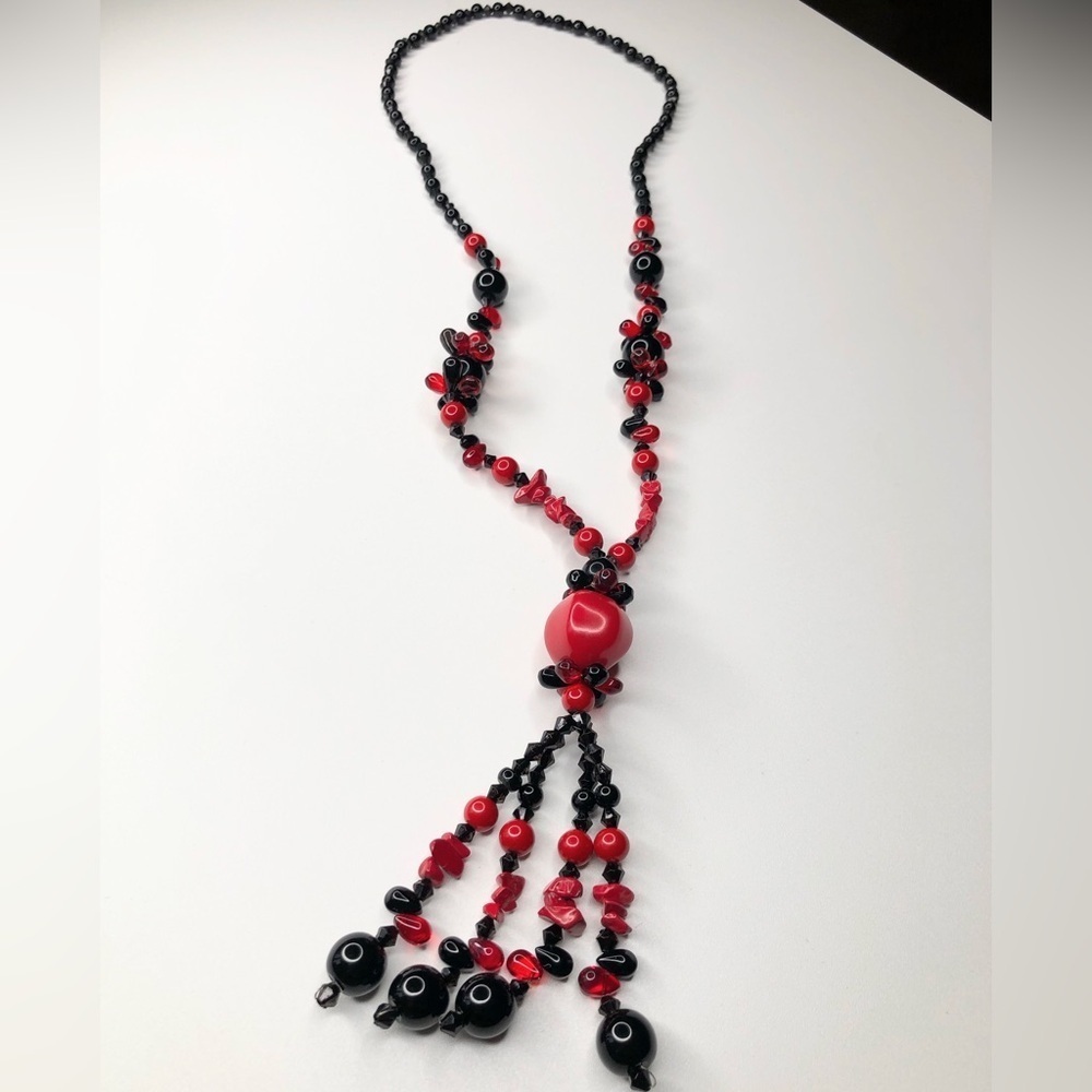 Vintage Beaded Red & Black Onyx and Coral Tassel Necklace
